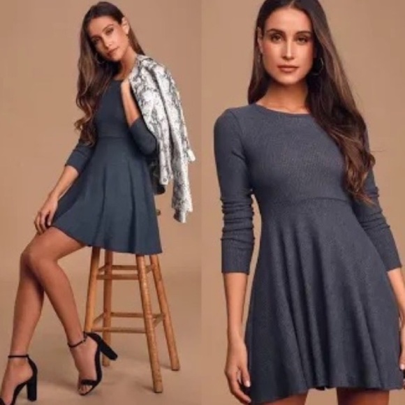 Lulus Fit and Fair Hunter Blue Ribbed Knit Long Sleeve Skater medium Dress - Picture 1 of 9